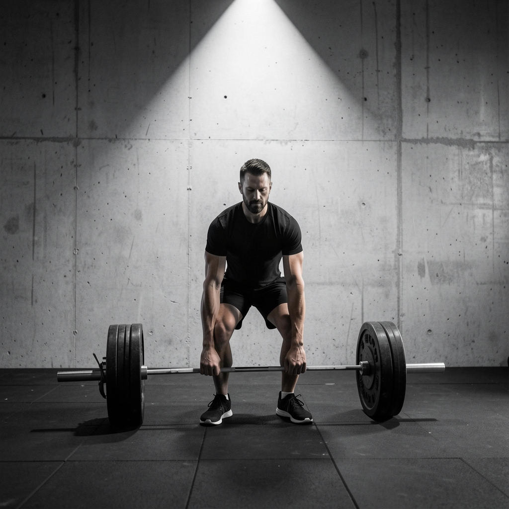 A male athlete in his mid-thirties performing a deadlift in a minimalist gym with exposed concrete walls, photographed in black and white with directional spotlight