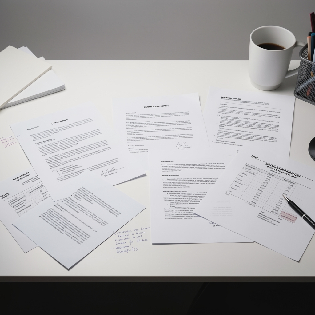 Research documents and nutritional reference papers spread across a clean desk under studio lighting, with annotation notes