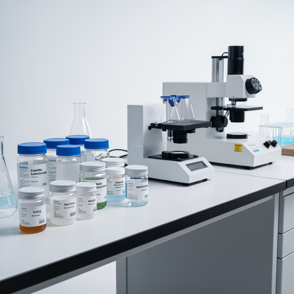 Independent laboratory verification bench with batch-coded sample containers and analysis equipment under bright studio lighting