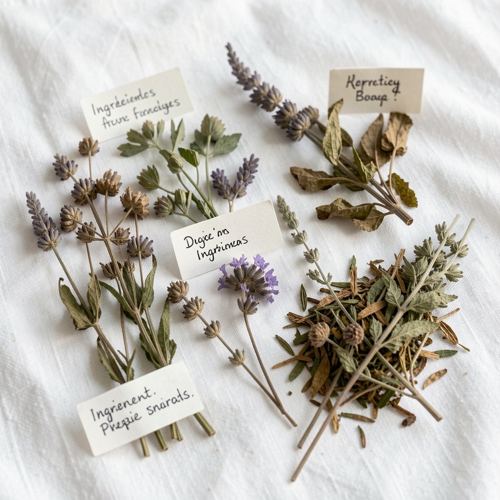 Overhead view of dried herbal botanical specimens arranged in a grid on white linen fabric, with handwritten ingredient labels, photographed in natural daylight