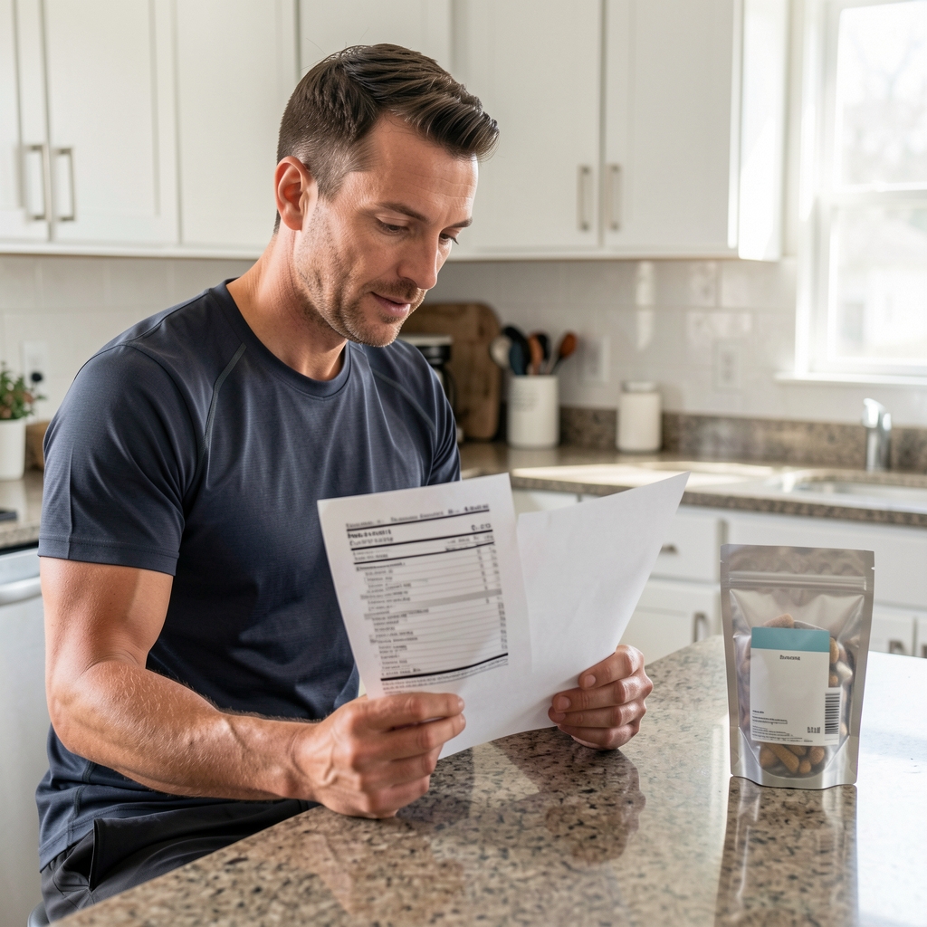 A man in athletic wear seated at a kitchen counter reviewing a printed nutritional information sheet beside a glass of water and a sealed supplement pouch
