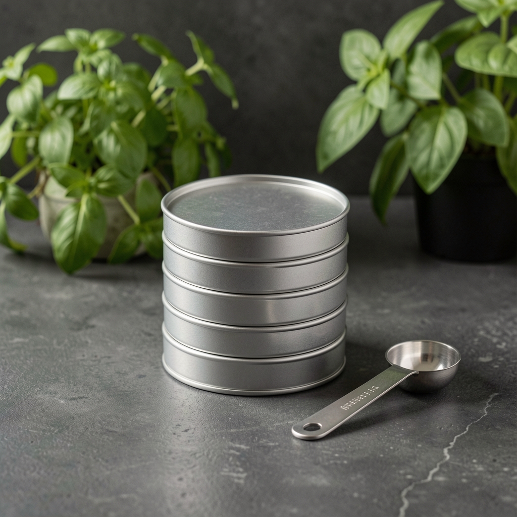 Stacked flat tins of plant-based protein powder supplement on a dark concrete countertop, with a measuring spoon resting beside them and green herbs in the background
