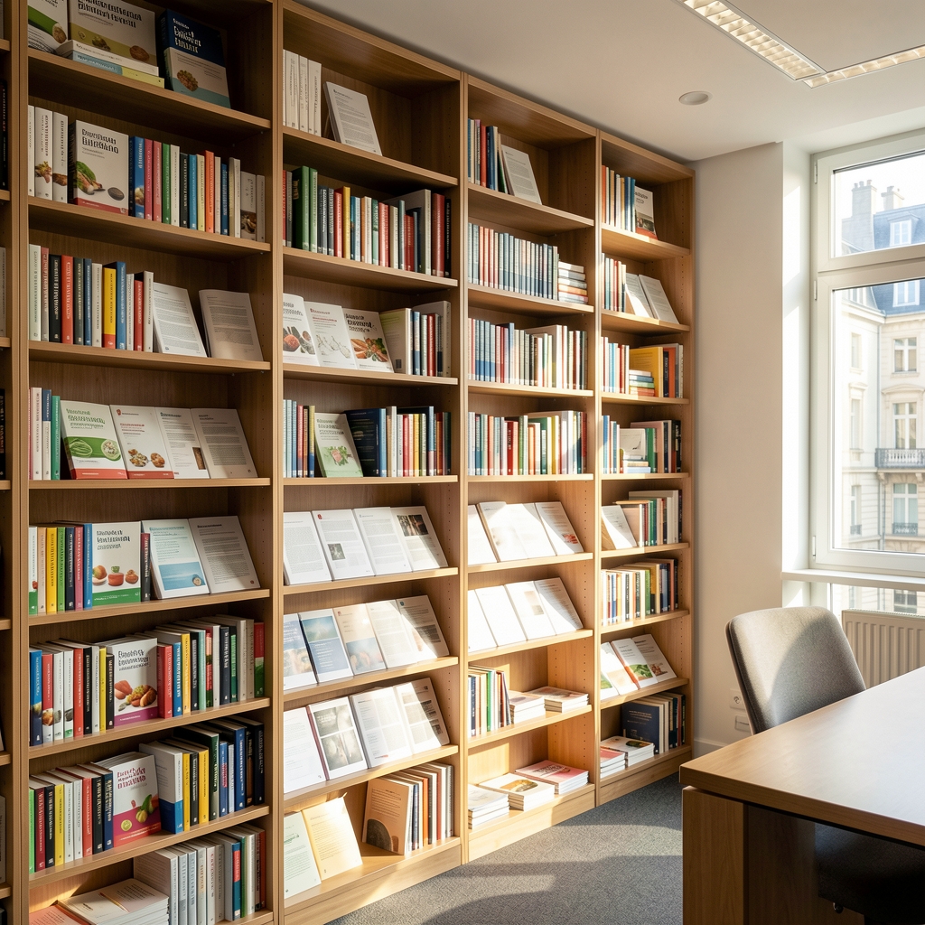 Brussels editorial office interior showing floor-to-ceiling bookshelves filled with nutrition journals and printed research documents, with morning light entering through large windows